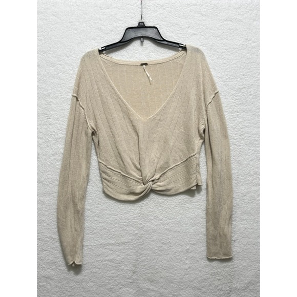 Free People Sweaters - Free People Knot Front Long Sleeve Top Ribbed Knit Crop Beige Medium